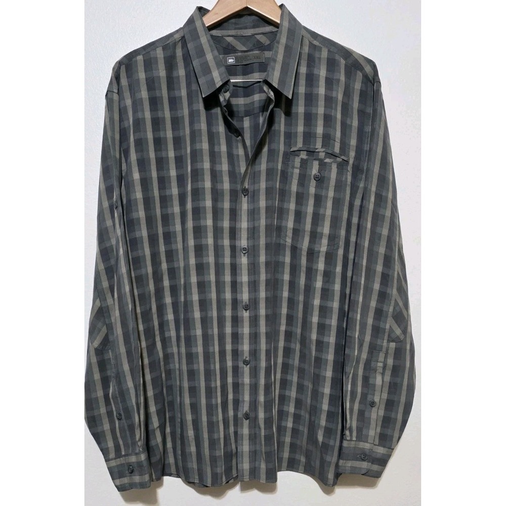 REI Men Grey Olive Long Sleeve Button Down Plaid Shirt XXL Hike Outdoors Fish